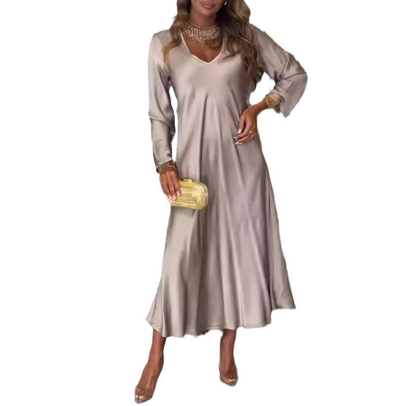 women's v-neck long sleeve solid color dress, view 5 - MRSLM