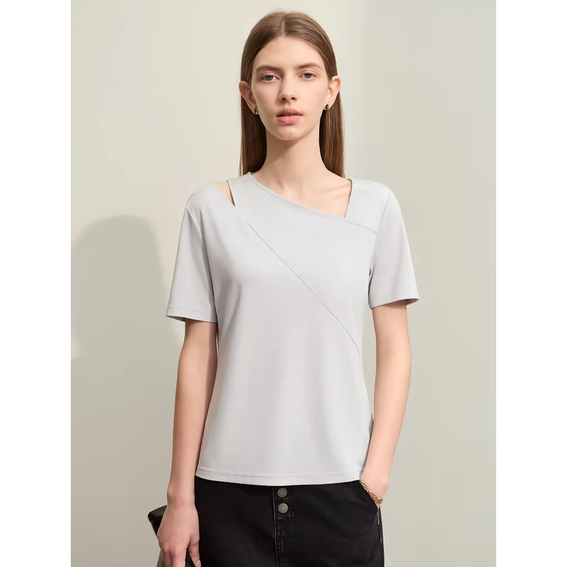 asymmetric V-neck short-sleeve slim top, view 3 - MRSLM