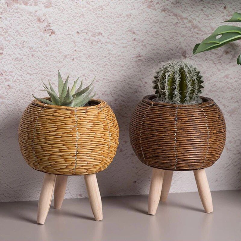 nordic woven plant stand with wooden legs - MRSLM