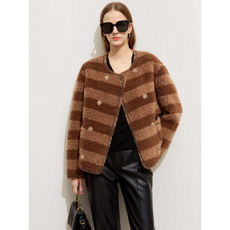 color block wool fleece coat for women, view 3 - MRSLM