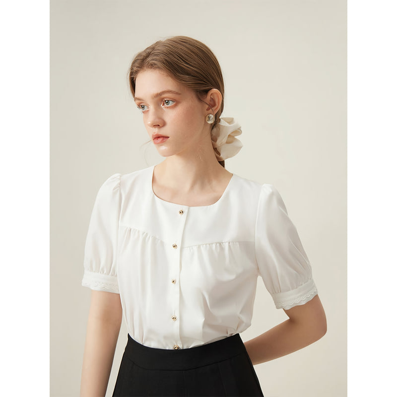 white square collar puff sleeve shirt, view 3 - MRSLM