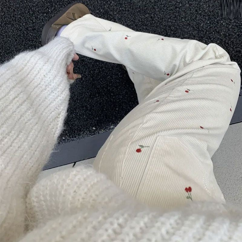 Retro Cherry Embroidered Corduroy Straight Casual Trousers