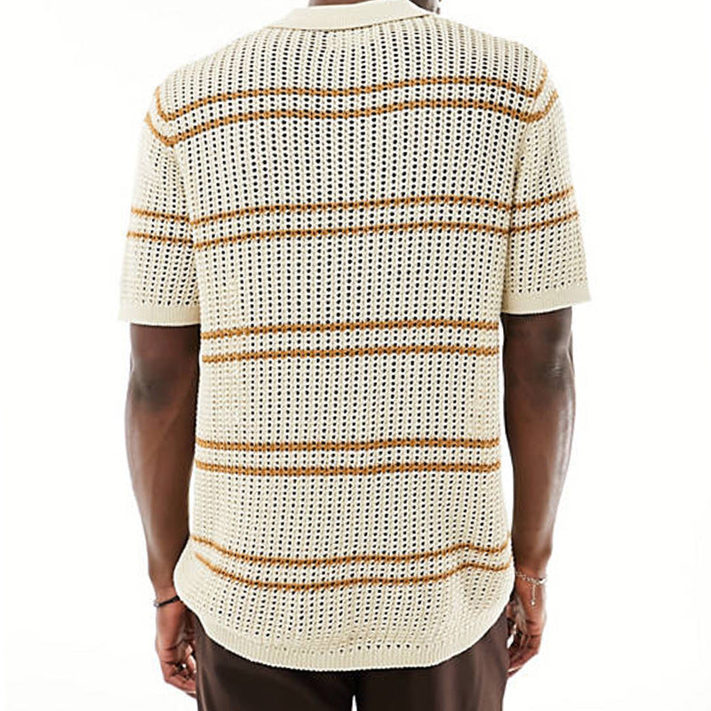 men's knitted lapel short sleeve hollow cardigan, view 3 - MRSLM