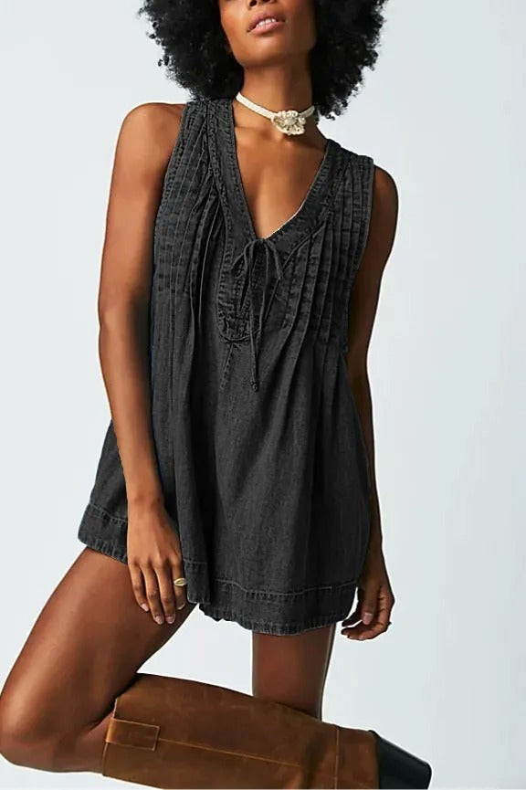 v-neck sleeveless denim shorts jumpsuit, view 5 - MRSLM