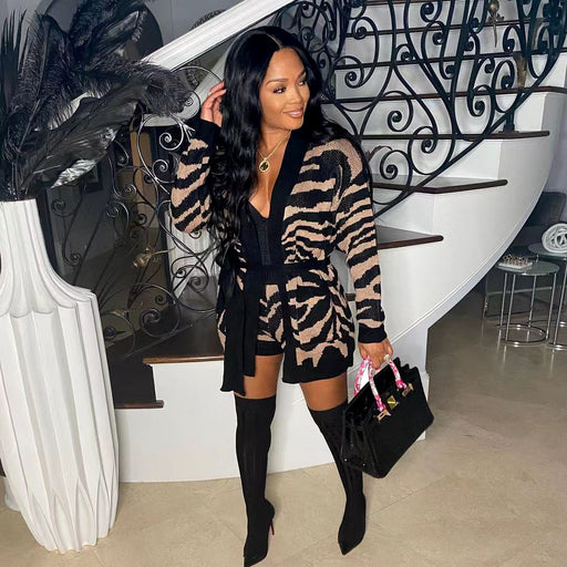 knitted leopard print sweater coat and shorts set - MRSLM