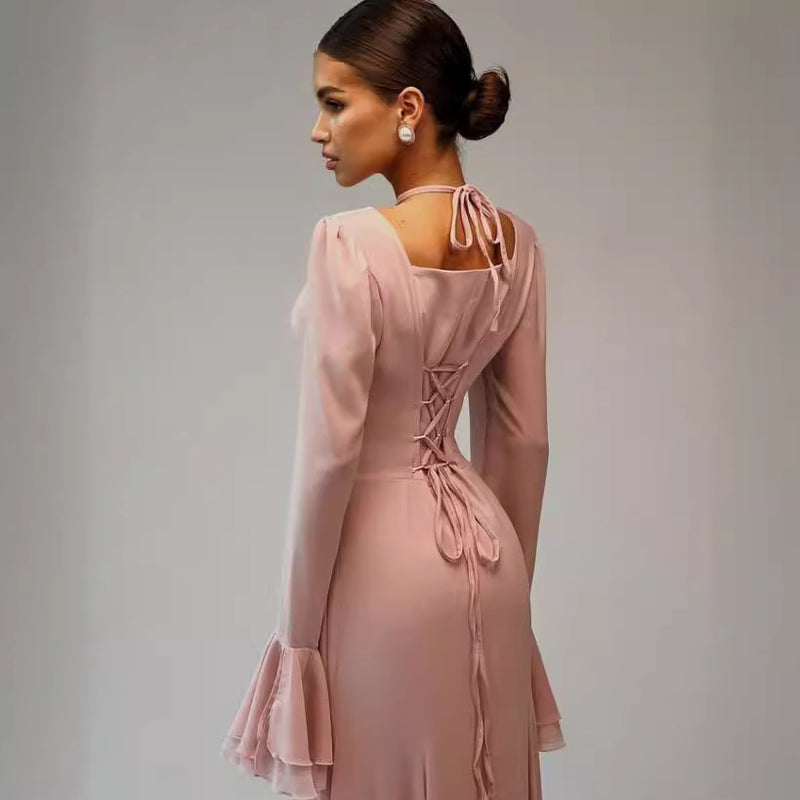 Square collar bell sleeve dress, view 4 - MRSLM