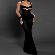 Deep V strap hollow slim fit dress, view 4 - MRSLM