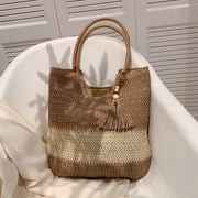 boho woven paper rope tote bag with tassels, view 2 - MRSLM