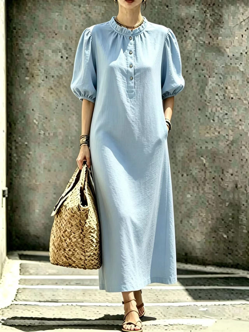 Women's puff sleeve stand collar straight dress, view 10 - MRSLM