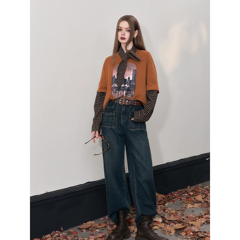 Graphic spliced long sleeve T-shirt, view 3 - MRSLM