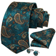 dark green paisley silk tie set with hanky and cufflinks, view 5 - MRSLM