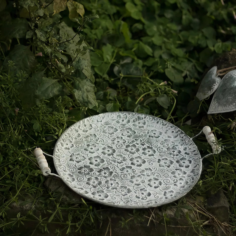 round metal antique serving tray, view 4 - MRSLM