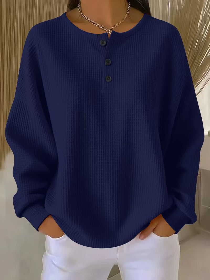Waffle Long-sleeved T-shirt Fashion Solid Color Buttons Round Neck Pullover Top Women's Clothing