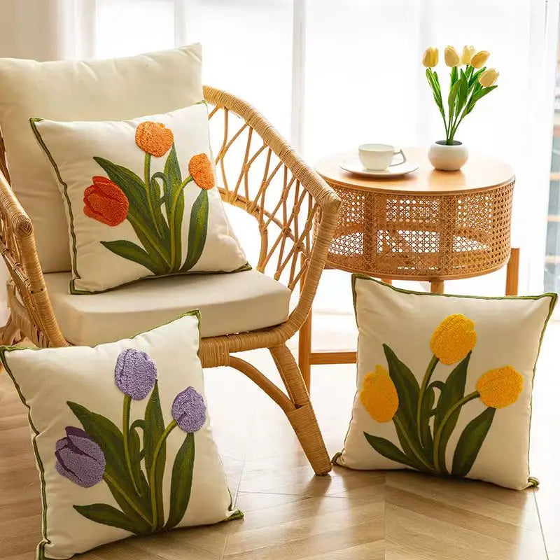 floral embroidered tulip and orchid cushion cover, view 6 - MRSLM