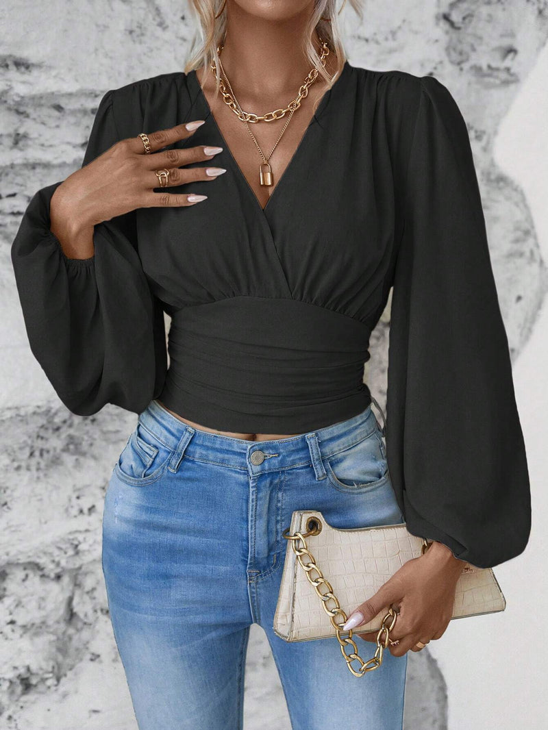 V-neck pleated long sleeve top, view 7 - MRSLM