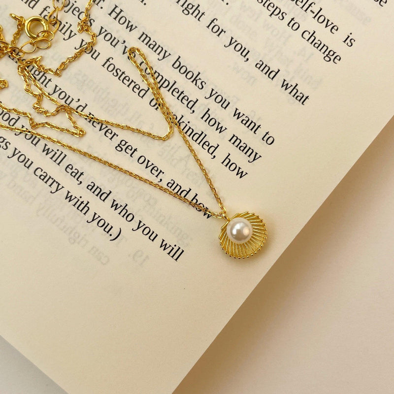 shell and imitation pearl pendant necklace, view 6 - MRSLM