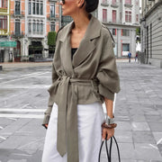 women's olive lapel lace-up trench coat, view 2 - MRSLM