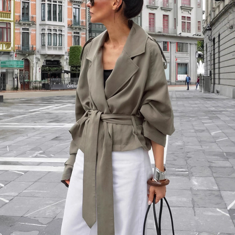 women's olive lapel lace-up trench coat, view 2 - MRSLM