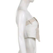 khaki denim tube top with contrast buttons, view 10 - MRSLM