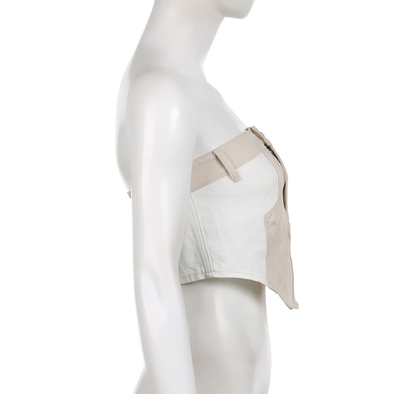 khaki denim tube top with contrast buttons, view 10 - MRSLM