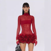 Women's red turtleneck long sleeve dress - MRSLM