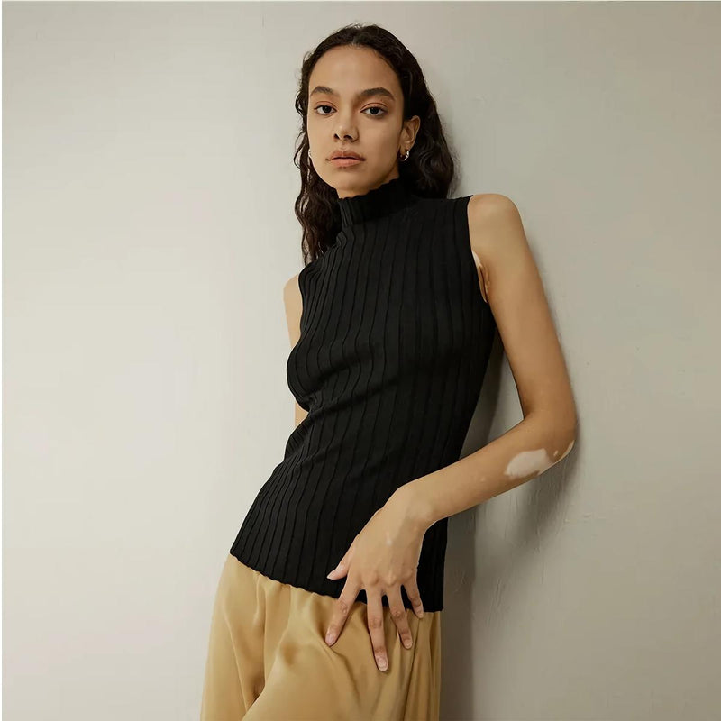 Silk-cashmere sleeveless mock neck tank top, view 11 - MRSLM