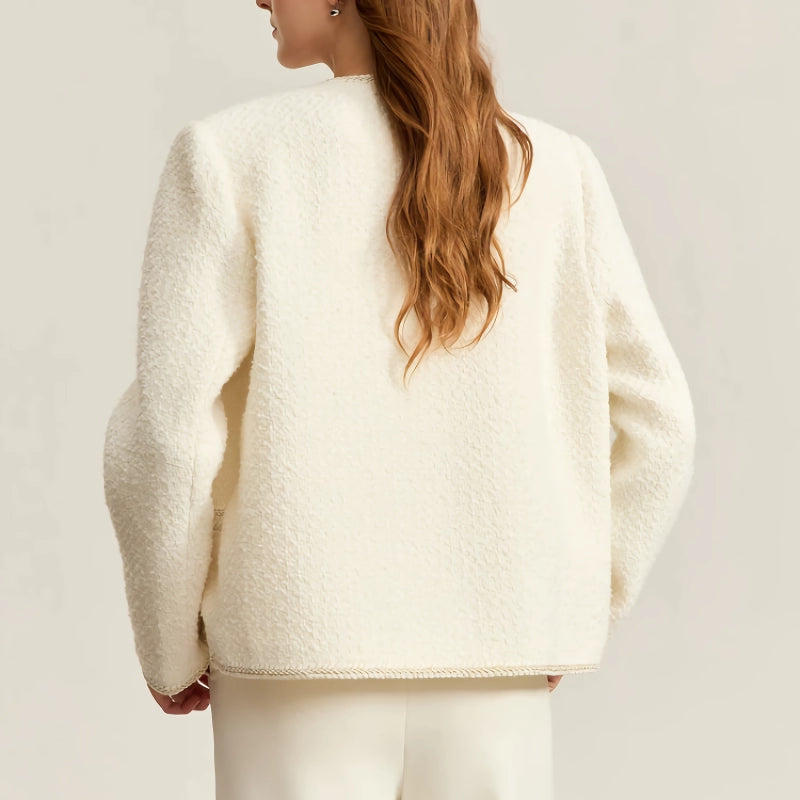 elegant crewneck beaded buckle jacket, view 6 - MRSLM