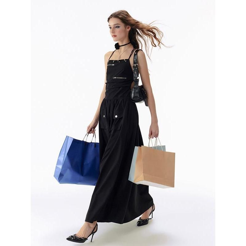 black backless bandage maxi dress with pockets, view 2 - MRSLM