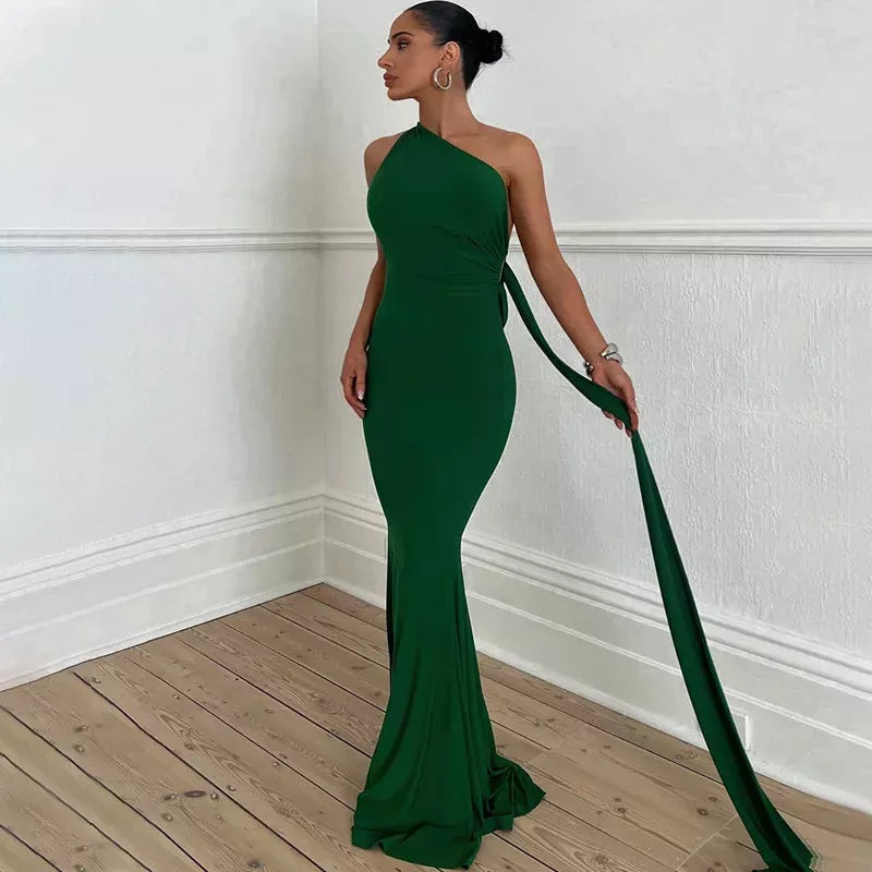 inclined shoulder maxi long dress, view 18 - MRSLM