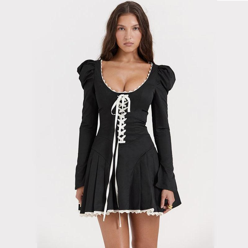 puff sleeve lace bandage mini dress - MRSLM
