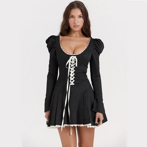 puff sleeve lace bandage mini dress - MRSLM