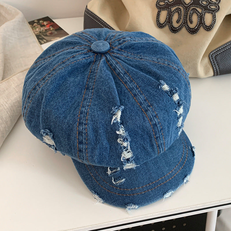retro ripped denim beret, view 2 - MRSLM