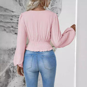 V-neck pleated long sleeve top, view 3 - MRSLM