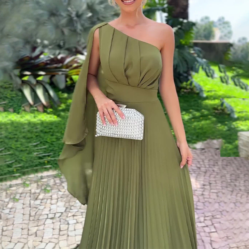 Olive off-shoulder pleated high waist dress - MRSLM