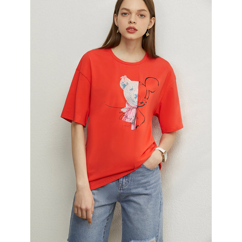 Minimalist Stretch Printed Drop Sleeve Mid-Length T-Shirts for Women