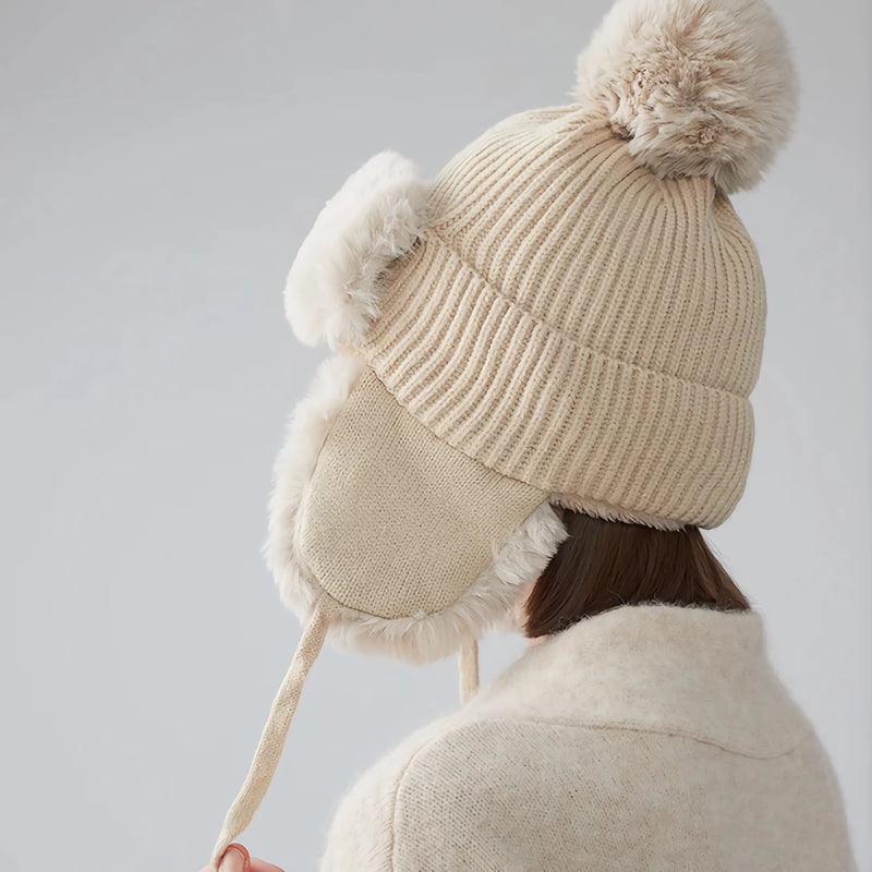 Women's faux fur knitted beanie with earflaps, view 8 - MRSLM