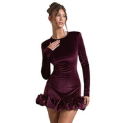 Women's velvet pleated long-sleeve dress, view 2 - MRSLM