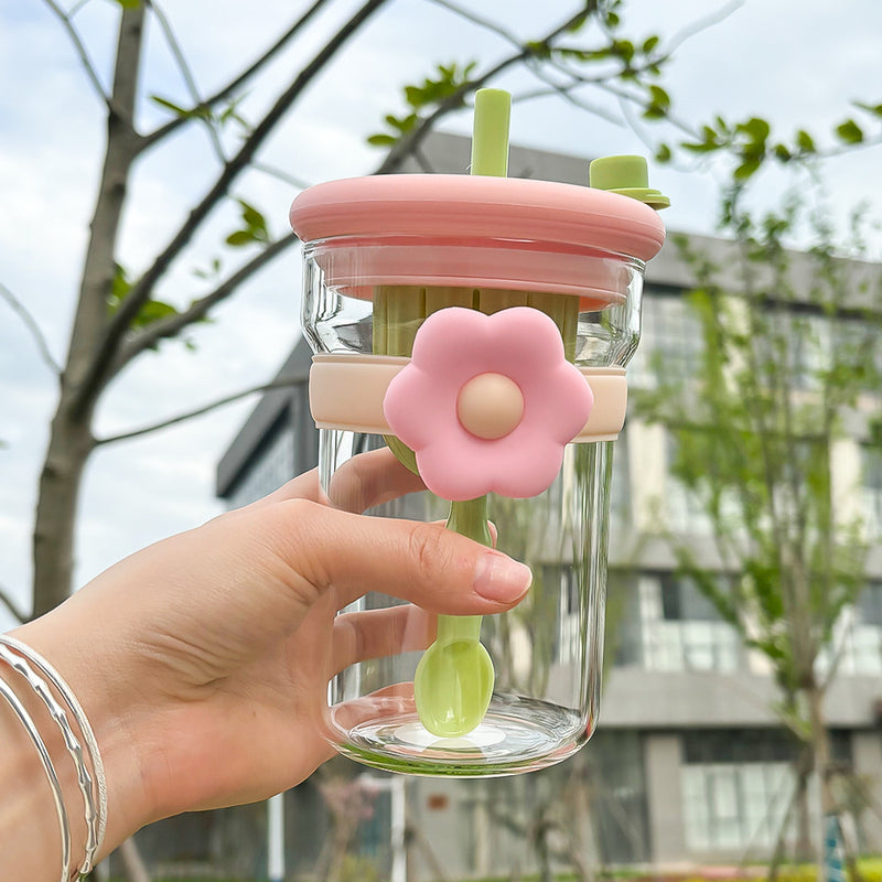 flower glass cup with lid, straw and infuser, view 4 - MRSLM