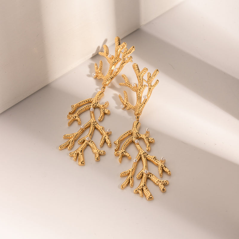 gold coral pearl pendant earrings, view 10 - MRSLM