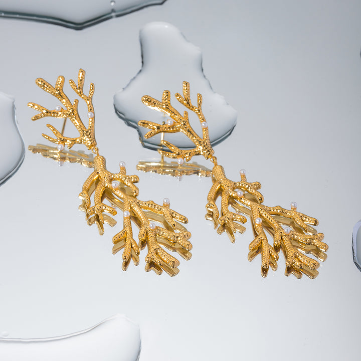 Gold Plated Coral Pearl Pendant Earrings