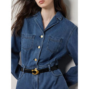 mid-length denim A-line dress with lapel collar, view 5 - MRSLM