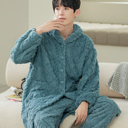 Men's flannel lounge robe cardigan set, view 4 - MRSLM