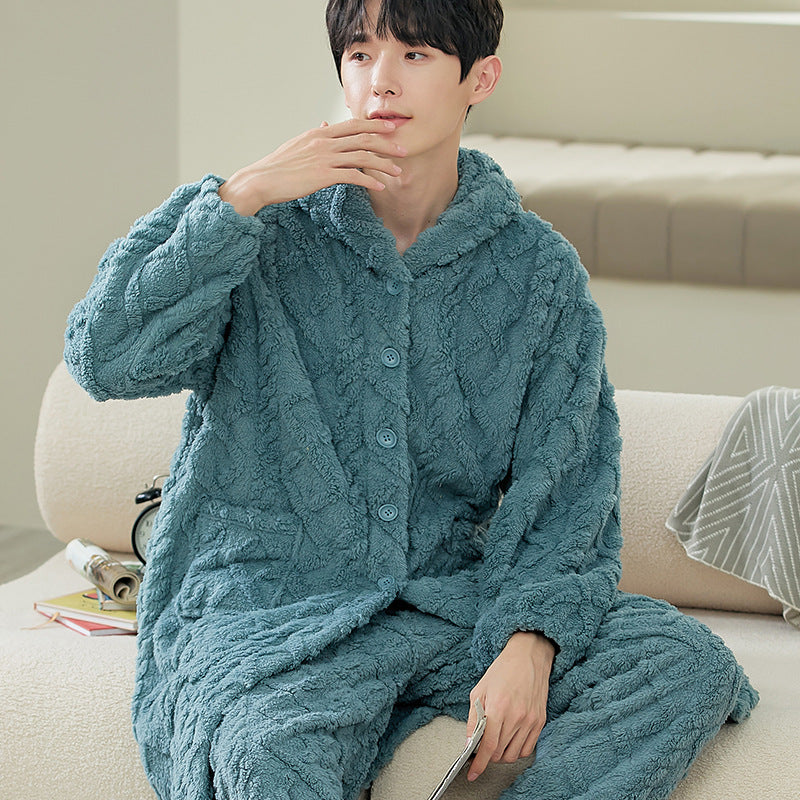 Men's flannel lounge robe cardigan set, view 4 - MRSLM