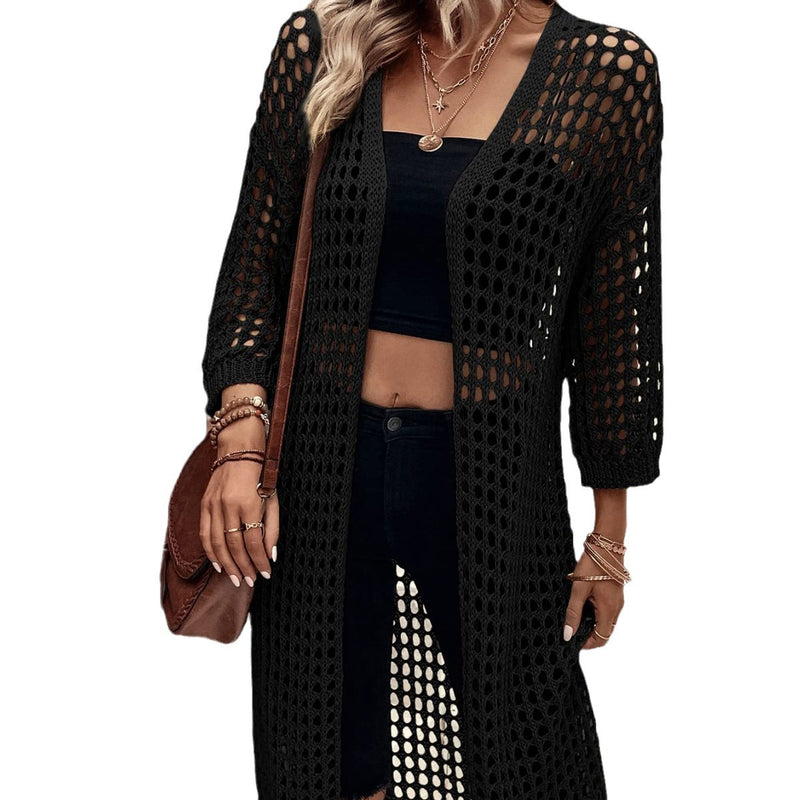 Women's open-knit long cardigan, view 3 - MRSLM