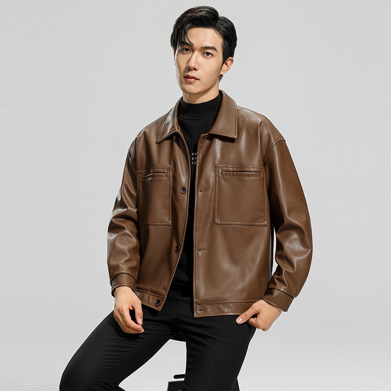 Fashion Youth Motorcycle Faux Leather Coat Lapel Handsome Men's Jacket