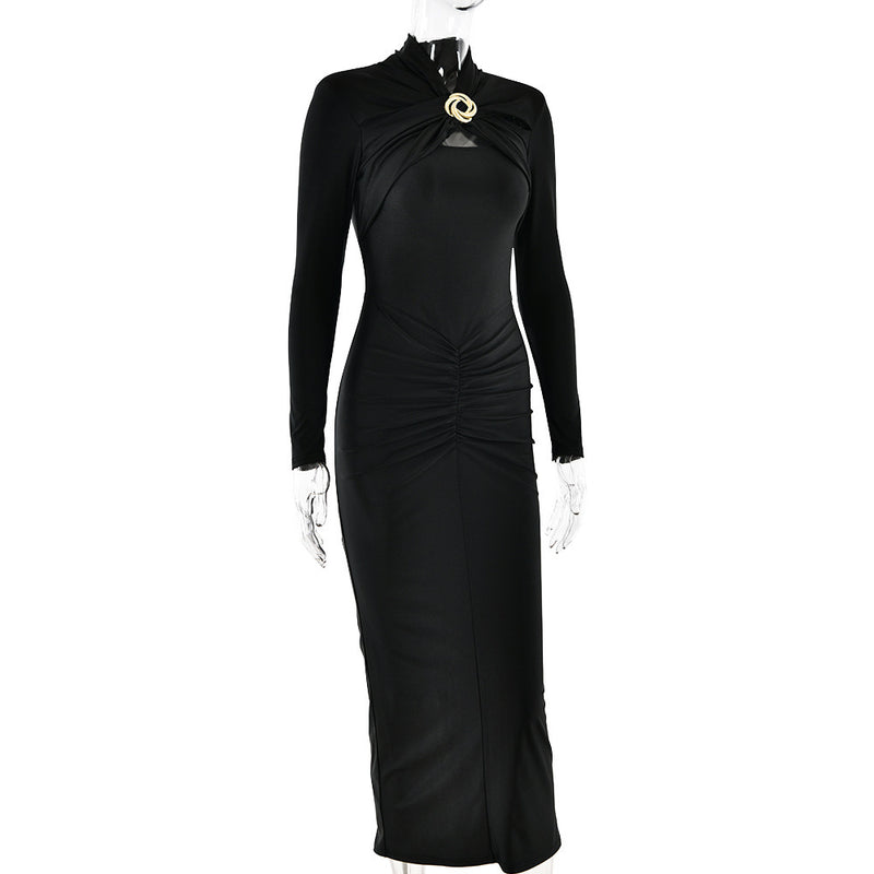 slim-fit pleated long sleeve dress, view 4 - MRSLM