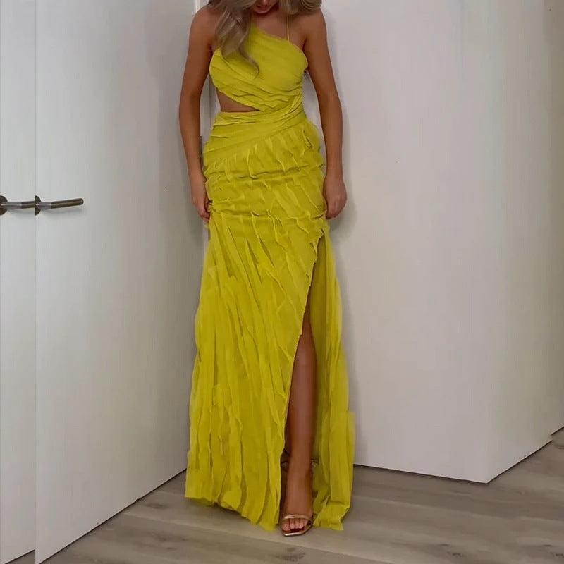 yellow green sleeveless long dress, view 2 - MRSLM