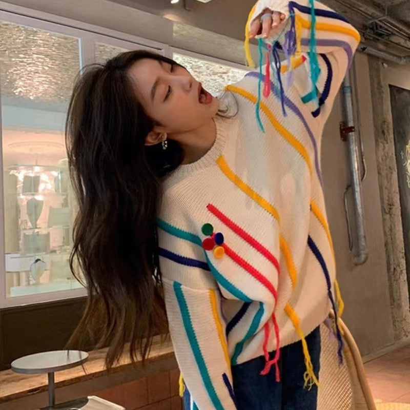 fringed striped sweater for women - MRSLM