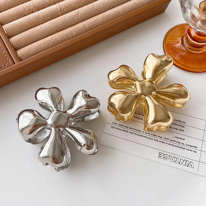gold floral metal hair claw, view 5 - MRSLM