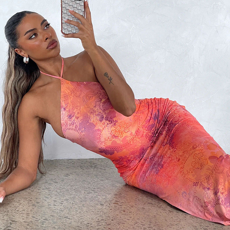 Orange halter printed dress, view 2 - MRSLM